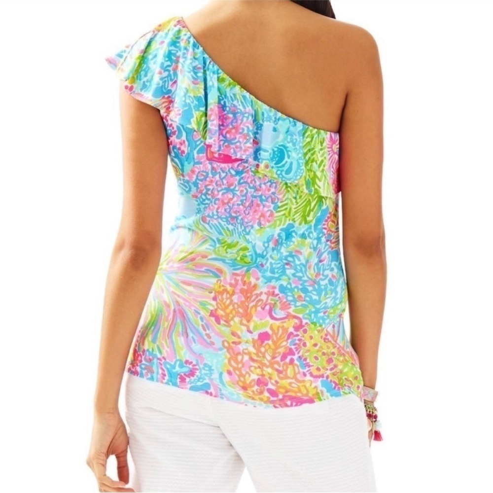 Lilly Pulitzer SeaSpray Blue Lovers Coral Print One Shoulder Neveah Top XS - Picture 2 of 8
